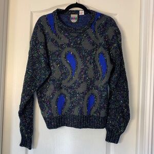 Classic Kaid Vintage-Style Knit Sweater (S) | Speckled Black/Grey/Blue | Stateme
